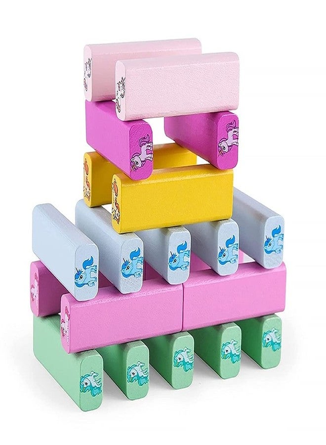 شورو لعبة مكعبات خشبية من SHORO بتصميم وحيد القرن الملون، لعبة بناء وتوازن وألغاز تعليمية وتصنيفية، ألعاب عائلية، ألعاب مونتيسوري، هدايا للأطفال - 51 قطعة مع نردين - Image 3